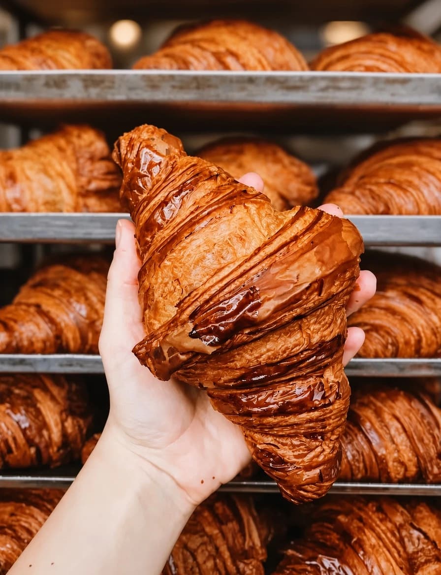 A hand holding a freshly baked, glossy croissant with visible layers; rows of croissants on trays in the background.